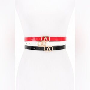 3 PC Vegan Patent Leather Skinny Statement Belt Set - Black, White, Red